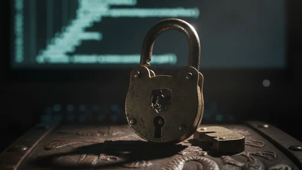 A vintage padlock on a wooden chest, with a computer screen reflecting code.