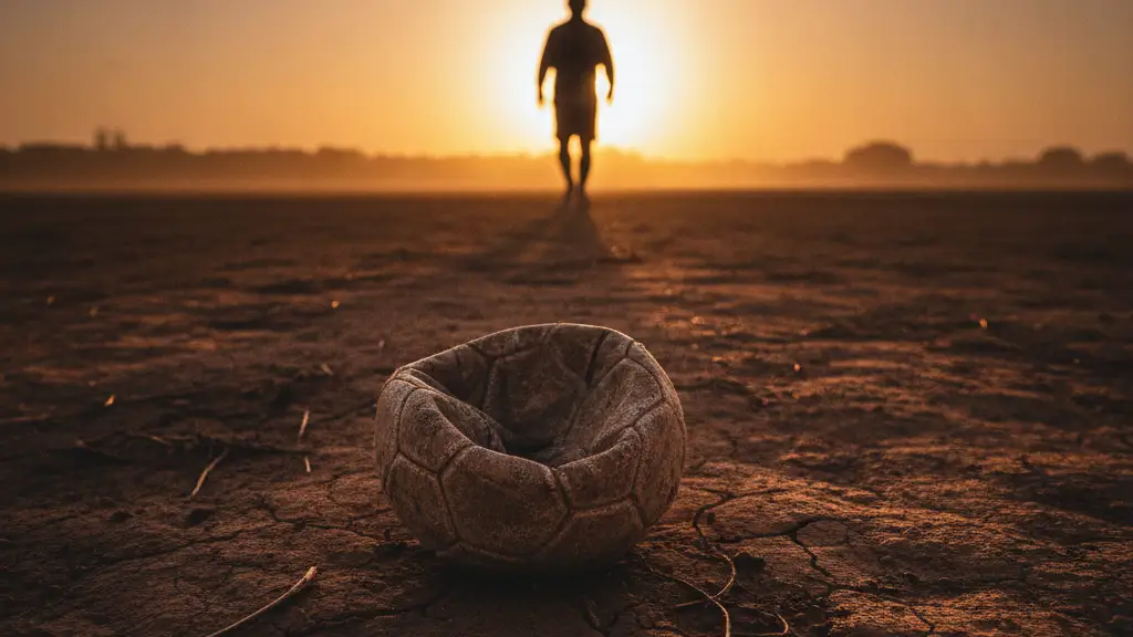 A deflated football on dry ground, a silhouetted figure walks into a hazy sunset.