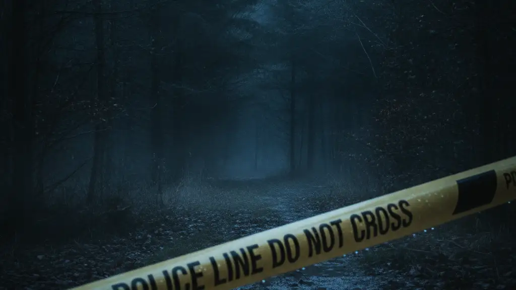 Yellow police tape in foreground, dark woodland in background with blue emergency light reflection.