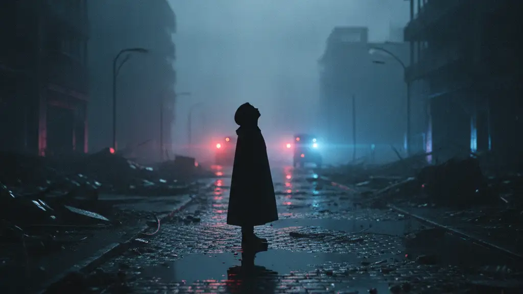 Silhouetted figure on a rain-slicked street, distant emergency lights reflecting in puddles.