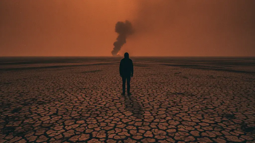 Silhouetted figure on cracked earth, smoke plume in distance under orange sky.