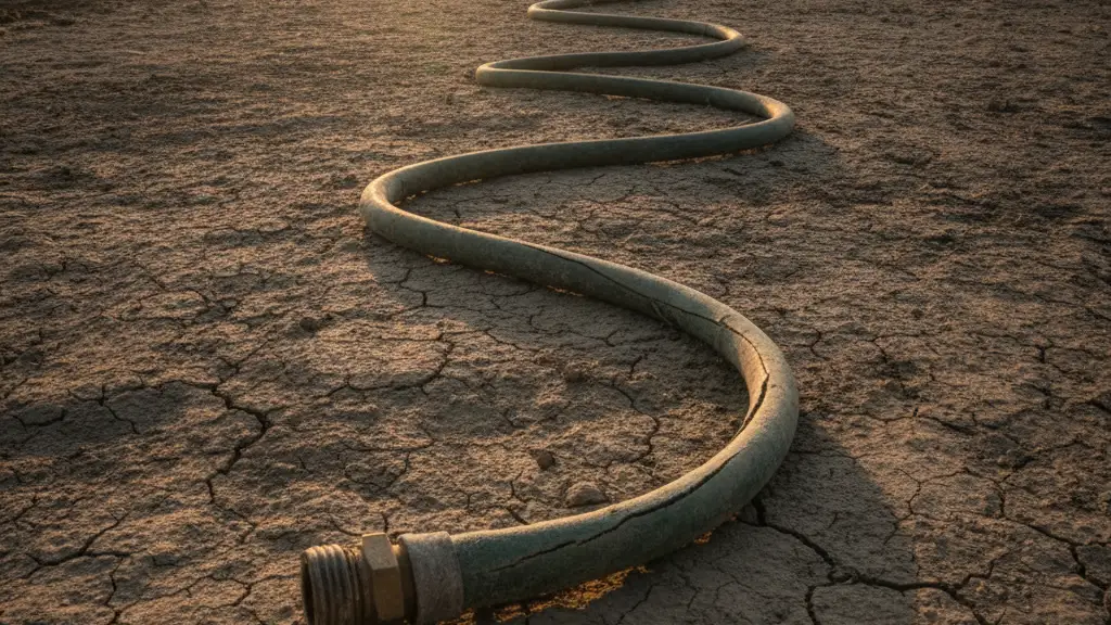 A parched, cracked garden hose lies on dry, cracked earth under dramatic light.