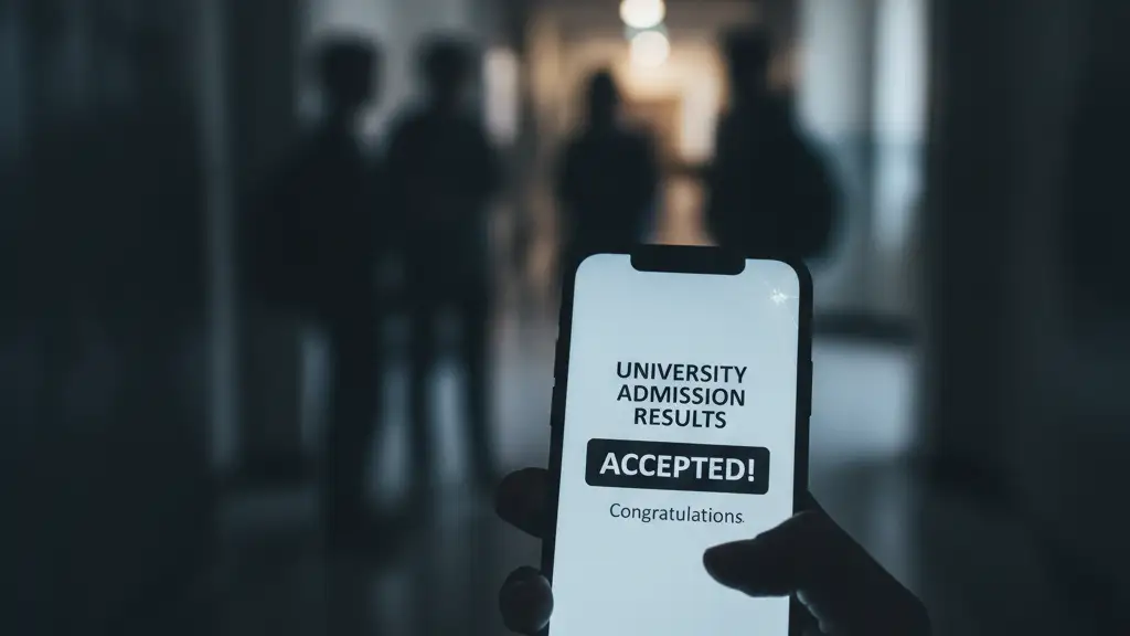 Silhouetted student's hand holding a smartphone displaying a notification.