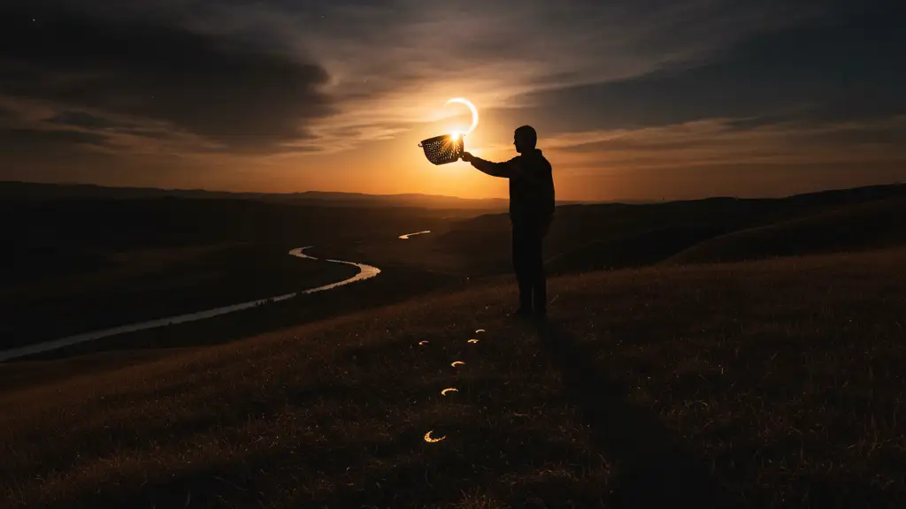 Silhouetted figure on hill holding colander, observing a dramatic partial solar eclipse.