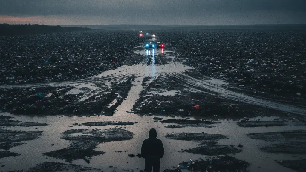 Silhouetted figure overlooking a vast, rain-soaked landfill at dawn with emergency lights.