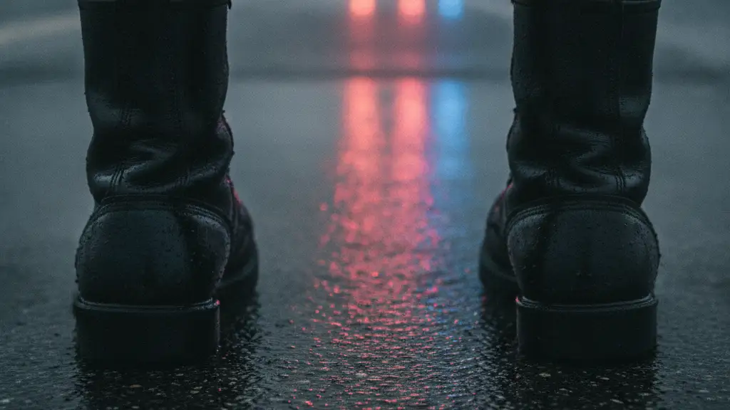 Military boots on wet tarmac reflecting emergency lights near yellow tape.