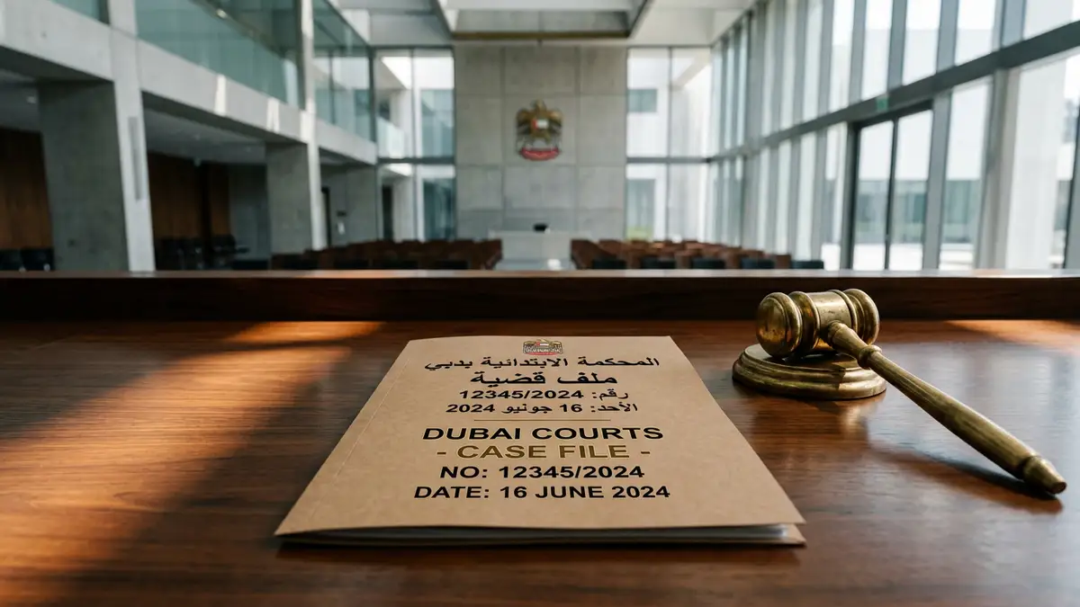 A legal gavel and a file folder on a wooden desk in a courtroom.