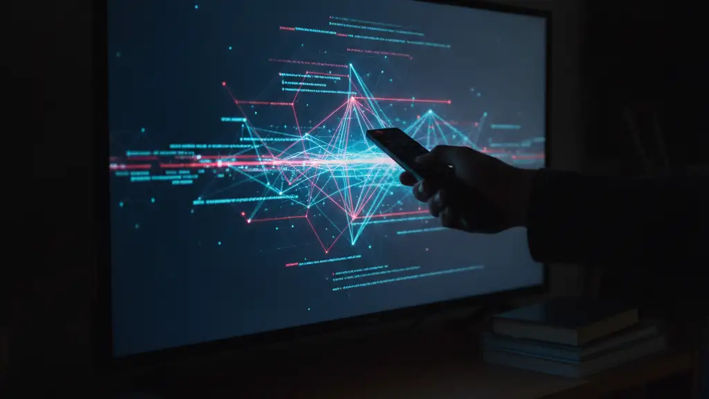 Blurred hand holding remote, glowing screen with data network reflections in dark room.