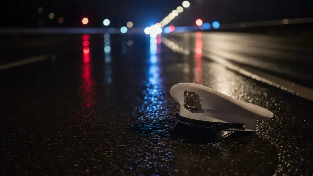 Police officer's cap on wet road reflecting emergency lights at night.