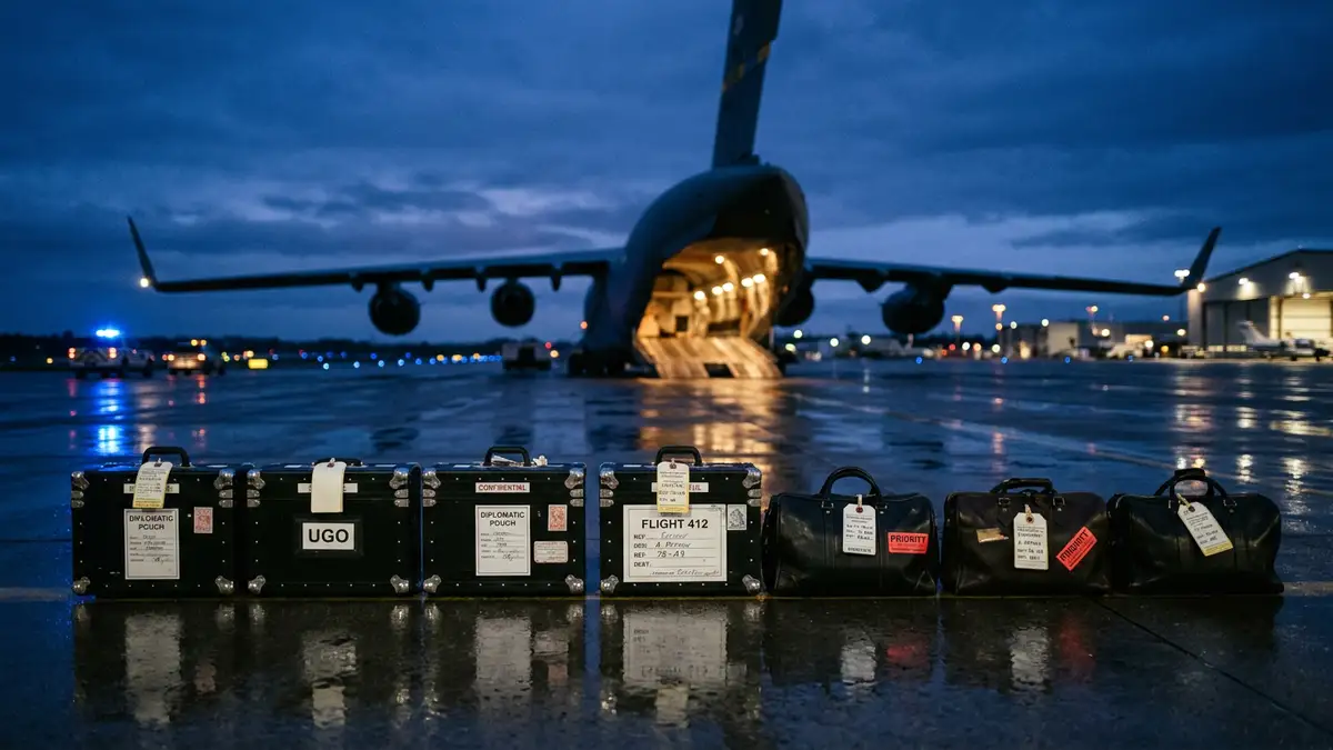Diplomatic luggage and transport cases sit on a wet airfield tarmac at dusk.