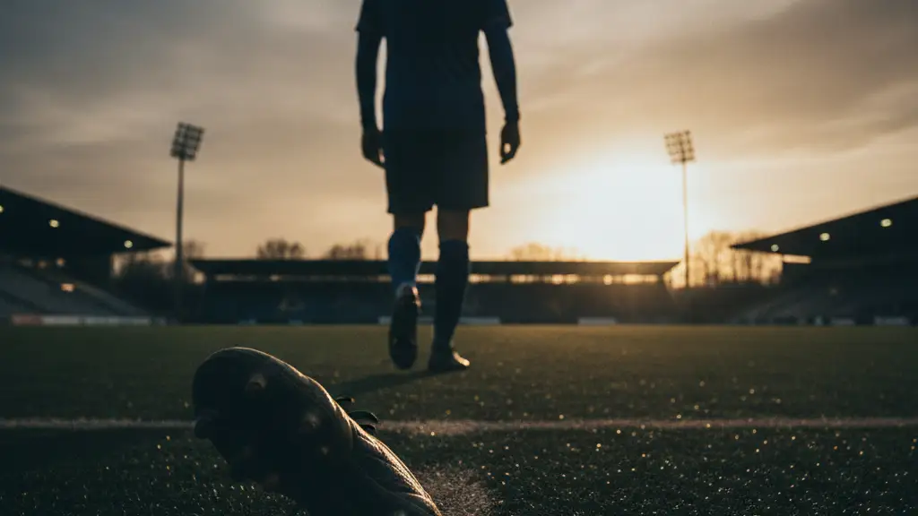 Silhouette of a football player walking onto a stadium pitch at dusk.