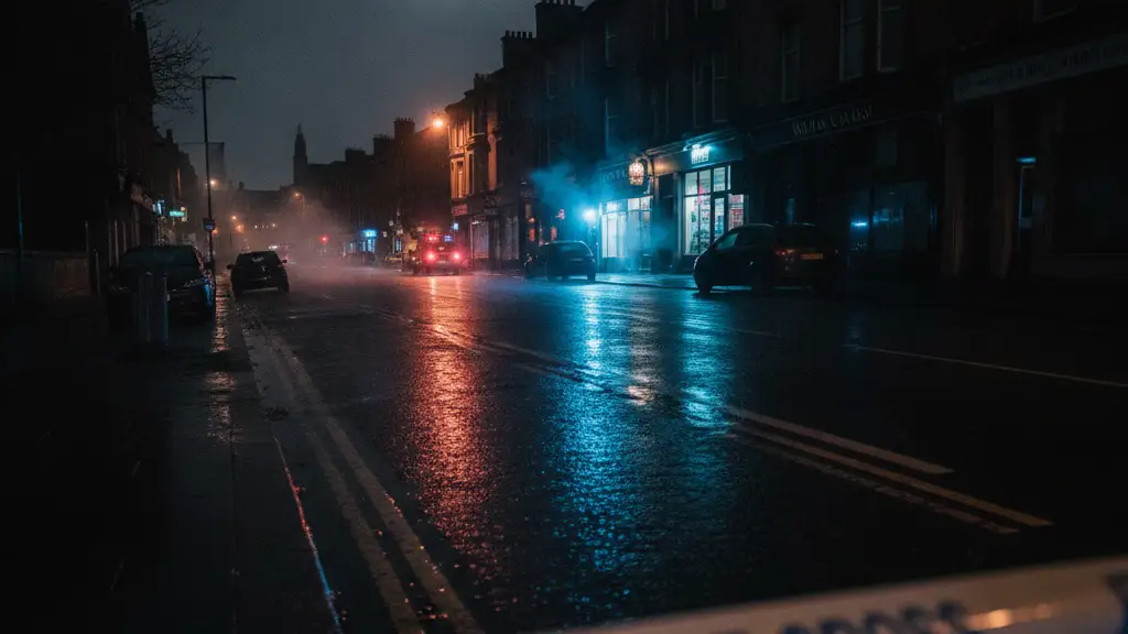 Police tape and emergency lights reflecting on a wet Glasgow street at night.