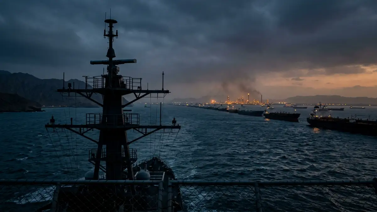 A naval silhouette overlooks a line of stationary cargo ships in a narrow sea strait.