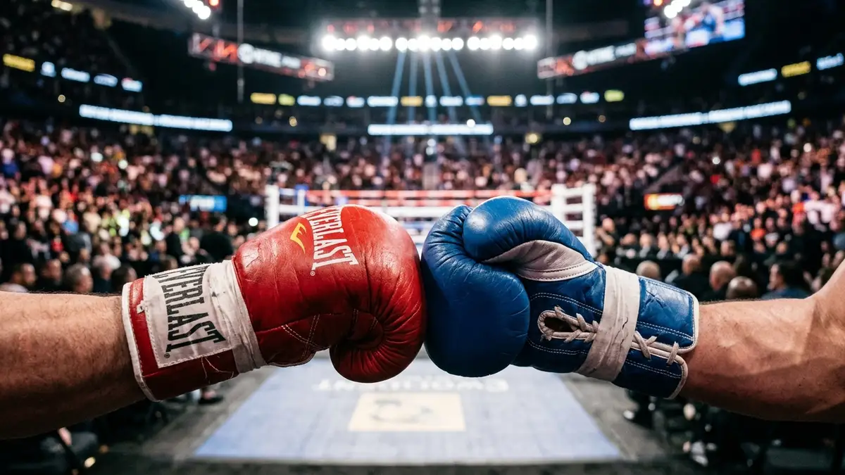 Two gloved fists, red and blue, touch in a boxing ring before a fight.