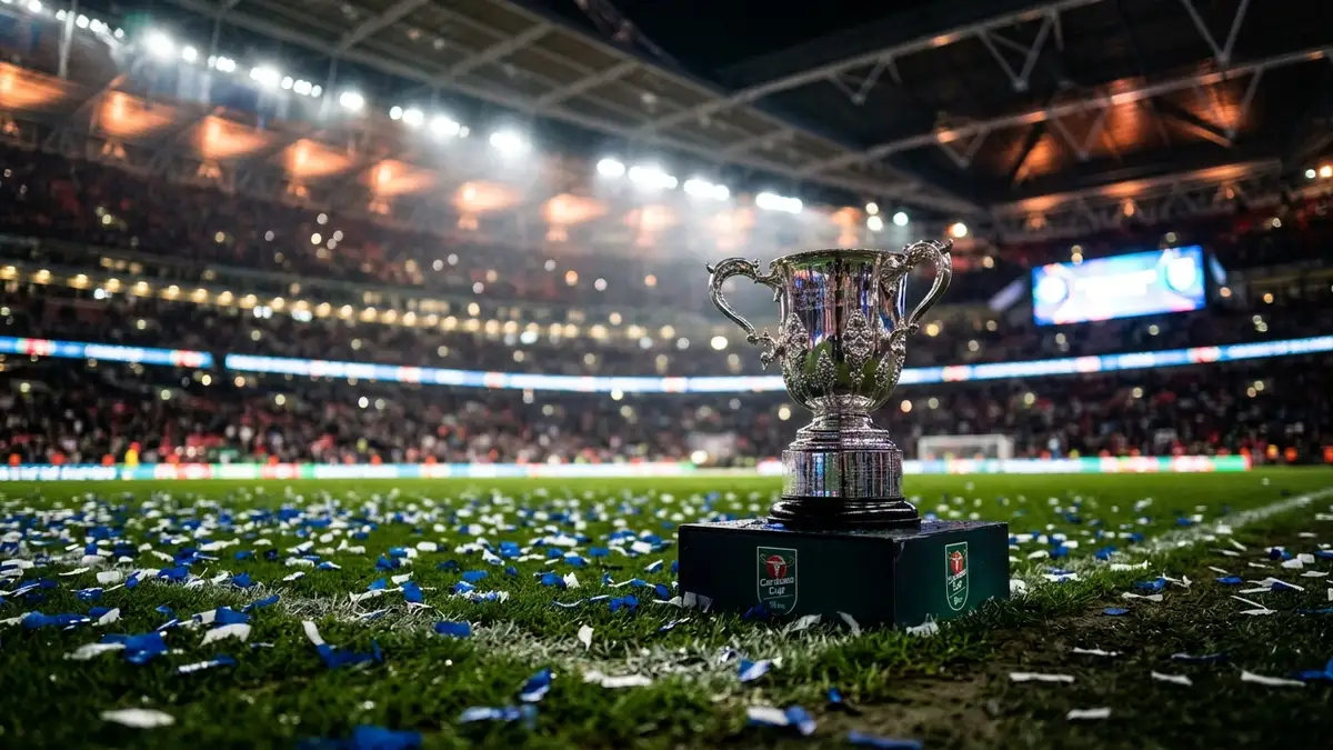 The Carabao Cup trophy on a pitch with blue confetti and blurred stadium lights.