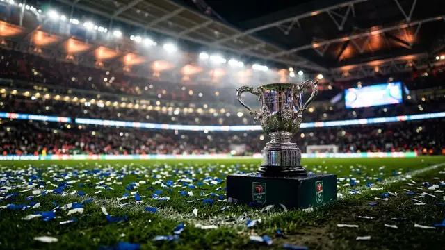 The Carabao Cup trophy on a pitch with blue confetti and blurred stadium lights.