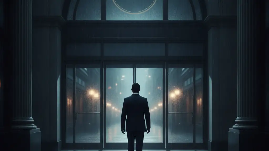Silhouette of a person walking away from a large, empty department store entrance.