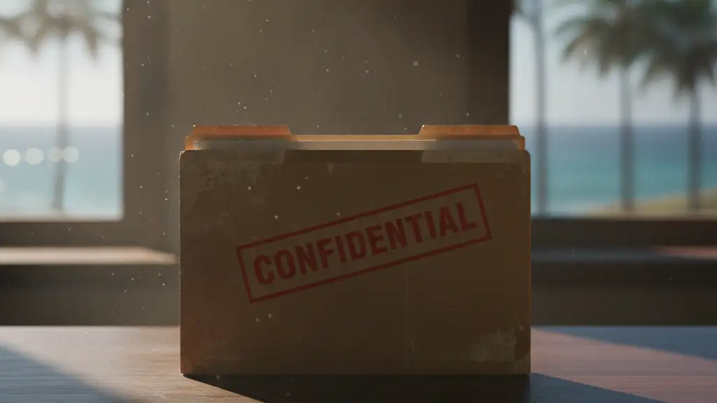 Confidential file folder on a dark desk, with a blurred tropical background.
