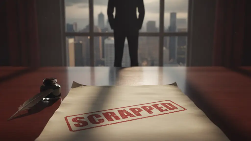 Official document stamped 'SCRAPPED' on a desk, blurred figure in background.