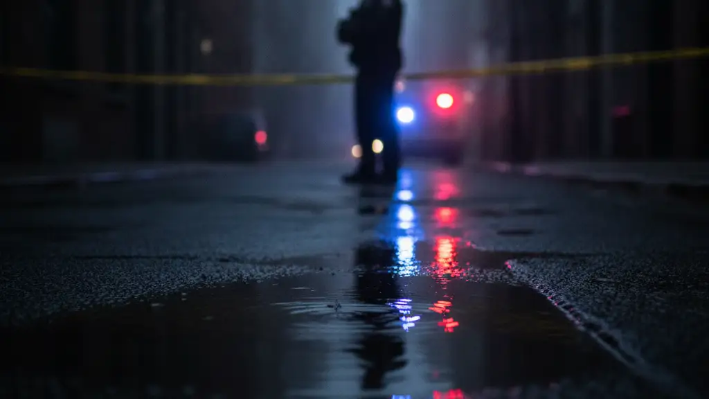 Emergency lights reflecting in a rain puddle on a dark downtown street.