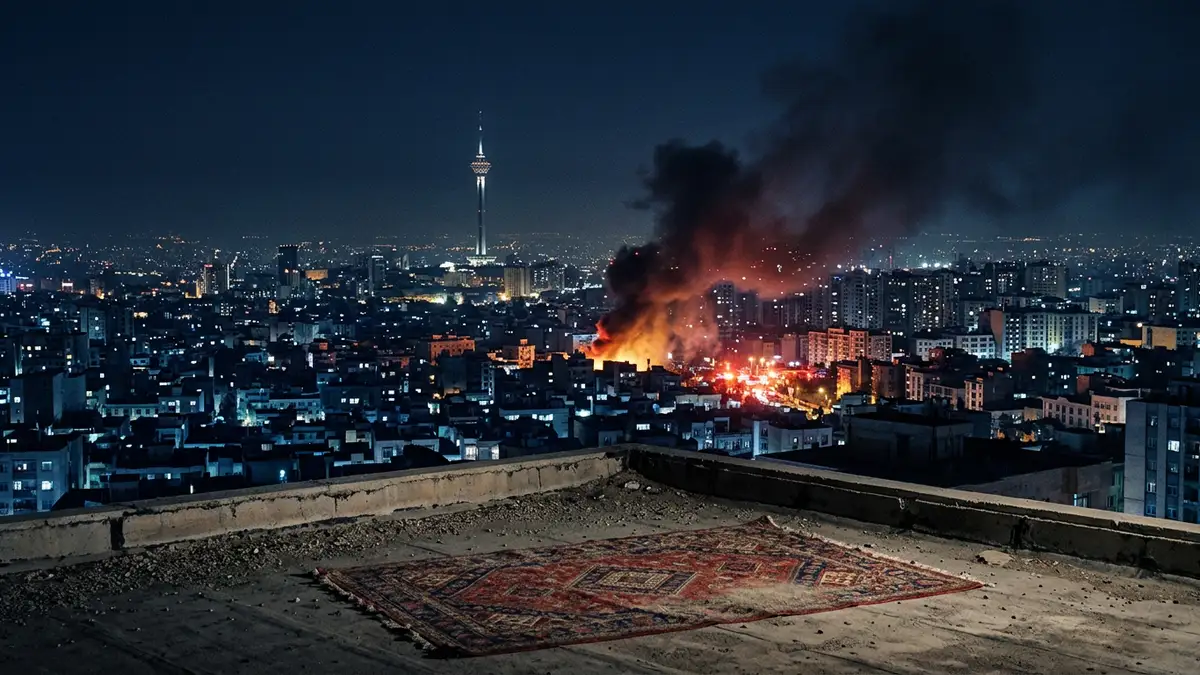 A dark Tehran skyline at night with a plume of smoke rising in the distance.
