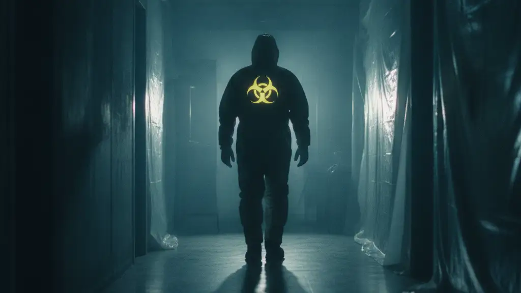 Blurred figure in a hazmat suit walking down a dimly lit corridor.