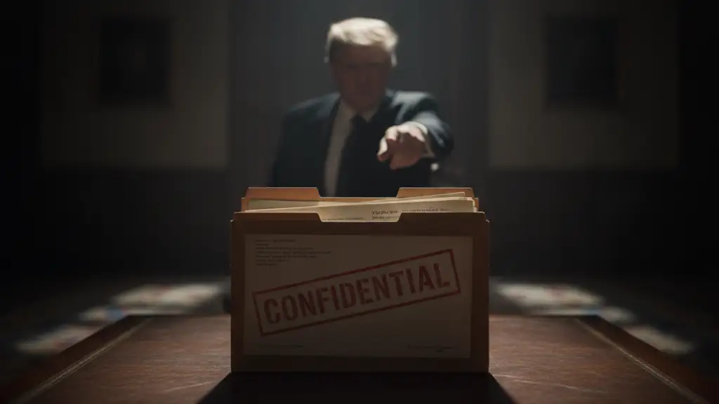 Confidential file on a mahogany desk, blurred silhouette of a gesturing figure.