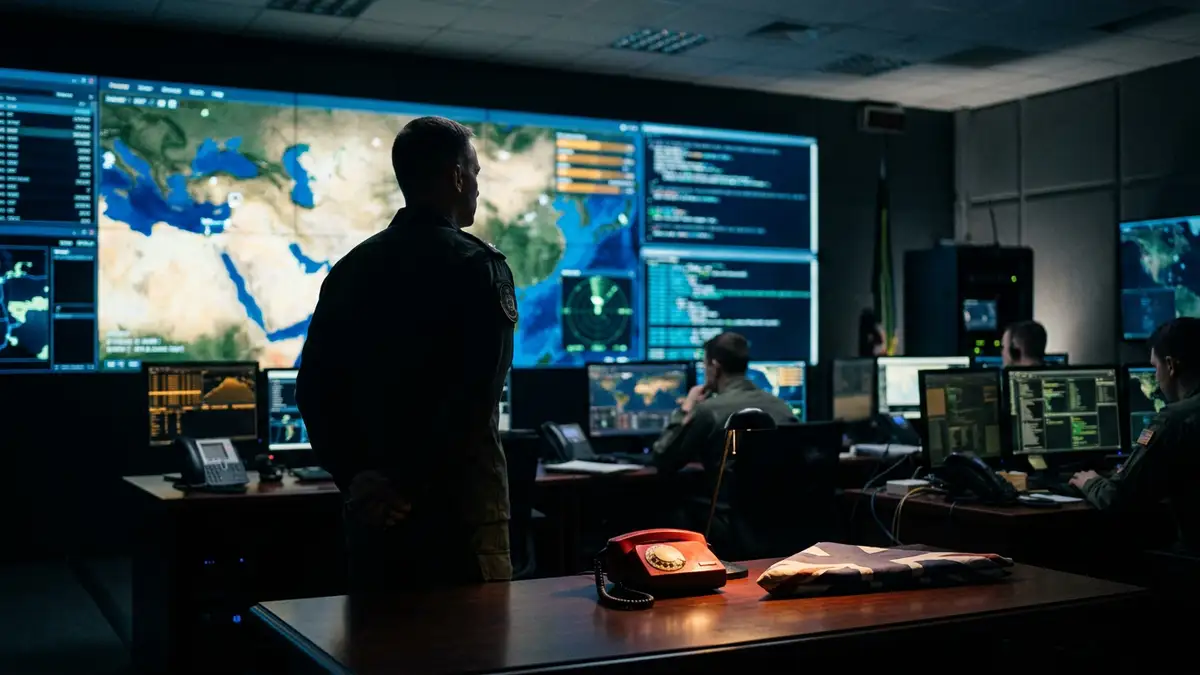 A silhouette of a military official looking at glowing digital maps in a dark command center.