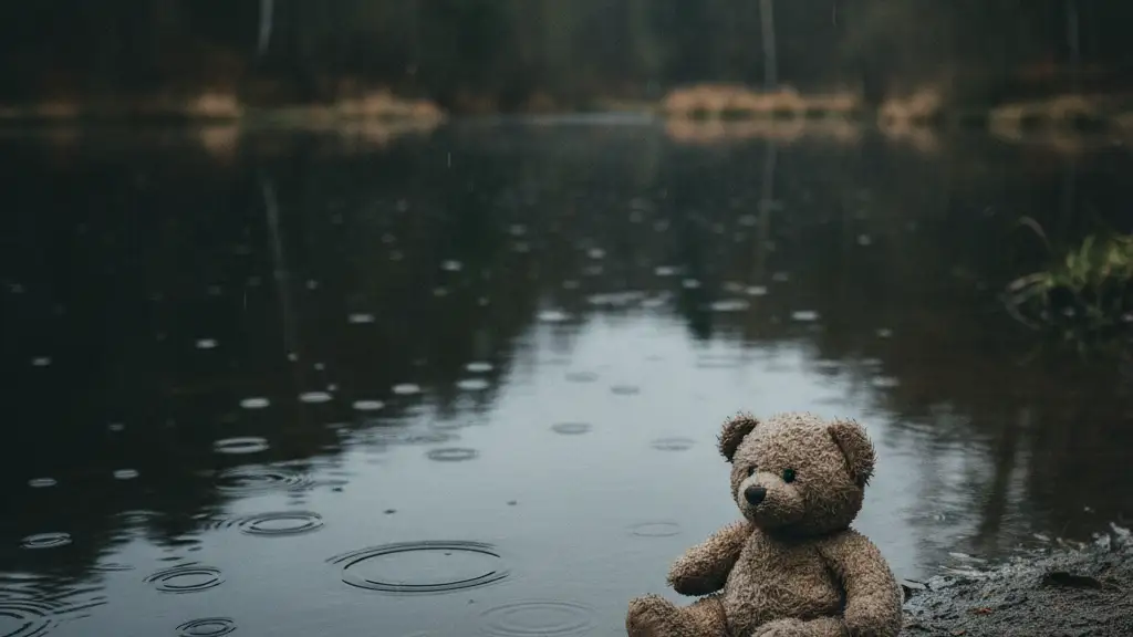 A small, worn teddy bear lies partially submerged at the edge of dark water.