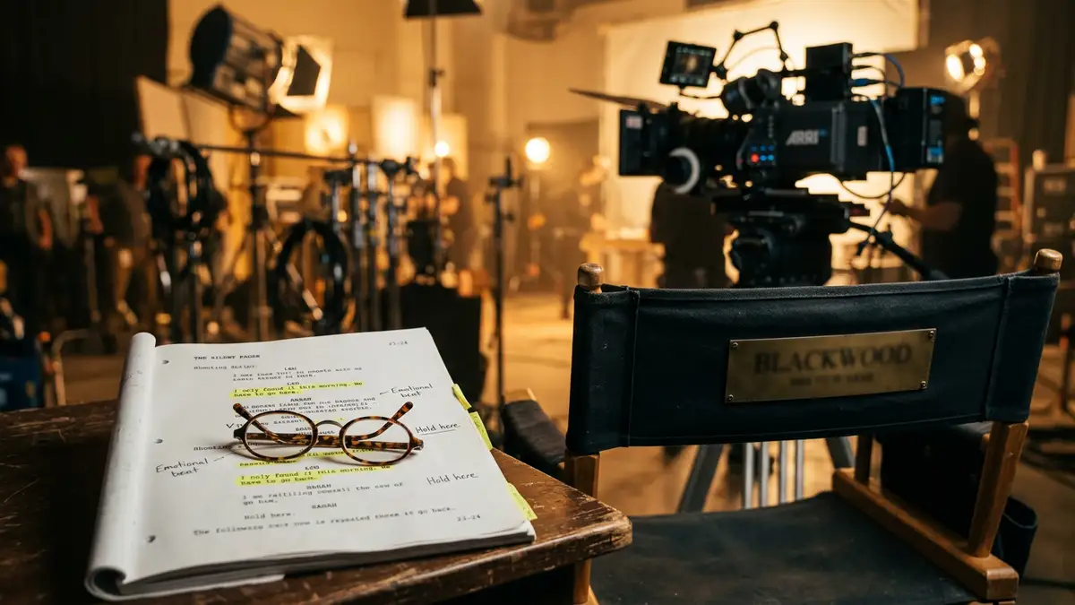 A film script and glasses on a table with a blurred director's chair behind.
