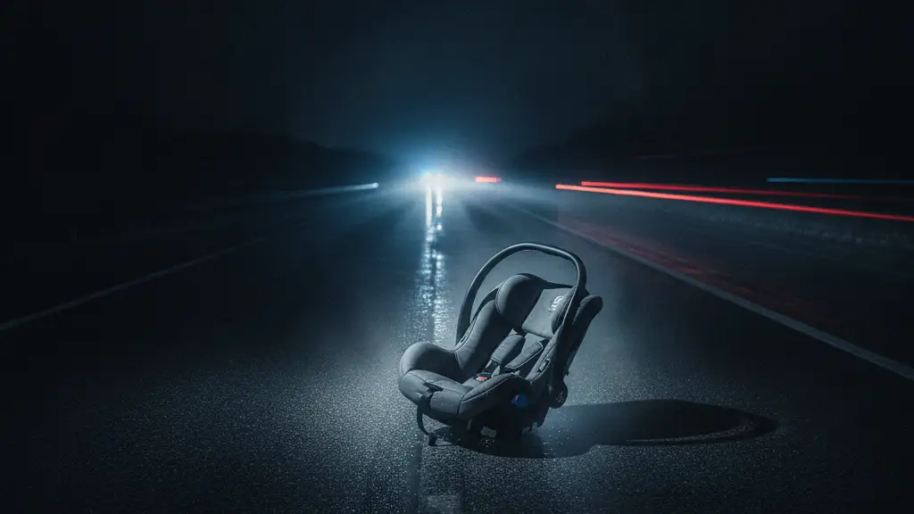 A child's car seat on a wet road, reflecting emergency lights in the distance.