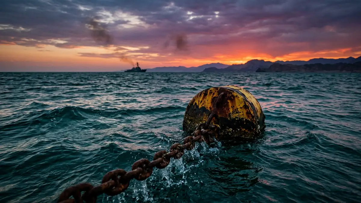 A maritime buoy and chain in dark water with a naval ship silhouette at sunset.