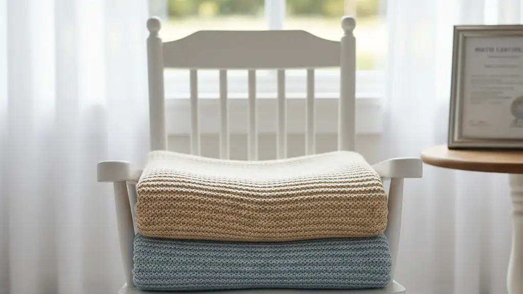 Two folded baby blankets on a wooden chair in a sunlit nursery.