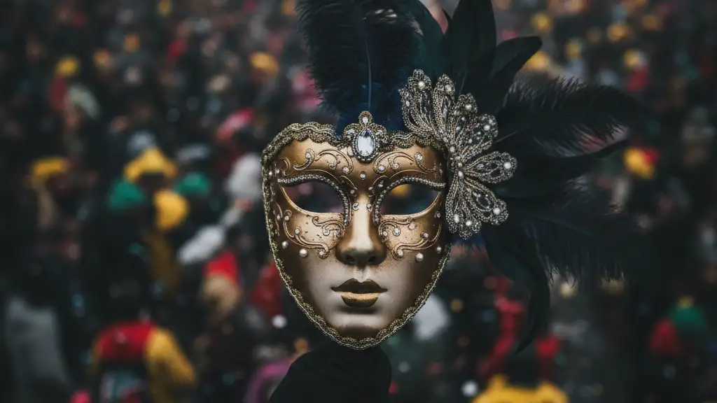 Ornate feathered carnival mask held by an unseen figure in a blurred crowd.