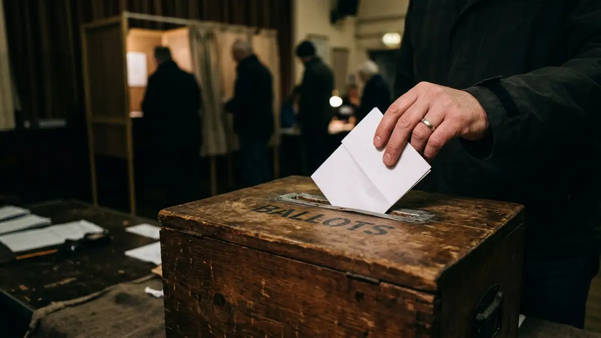A close-up of a hand placing a folded ballot into a wooden voting box.