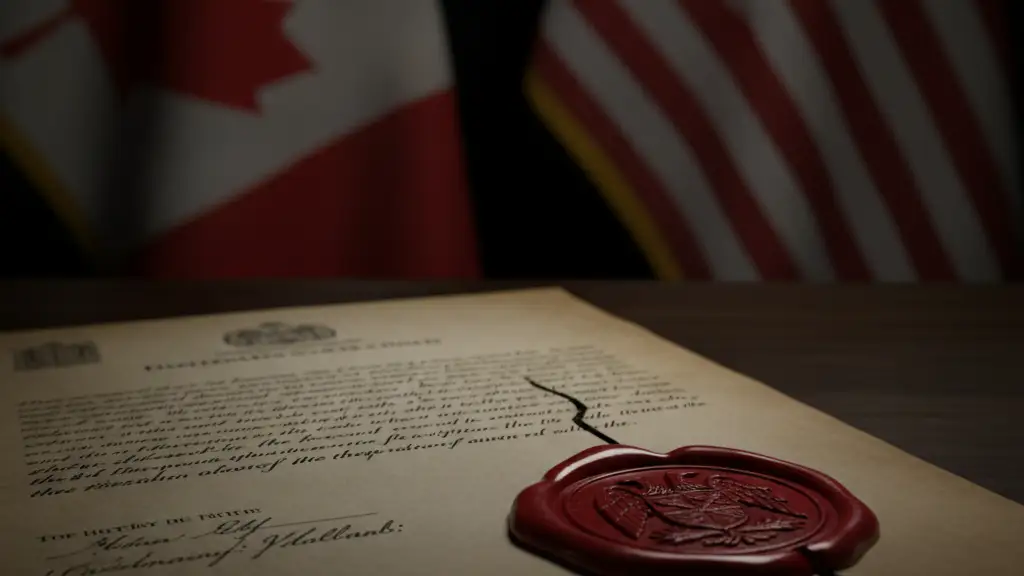 Close-up of a document with a red wax seal, blurred Canadian and American flags.