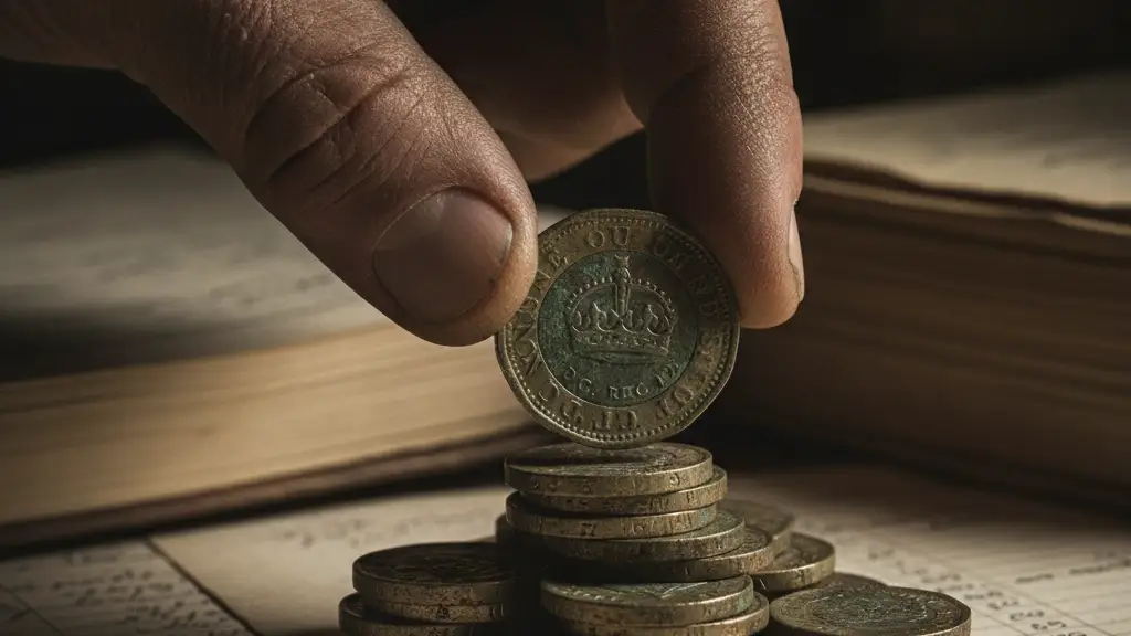 A weathered hand places a British pound coin onto a stack of coins.