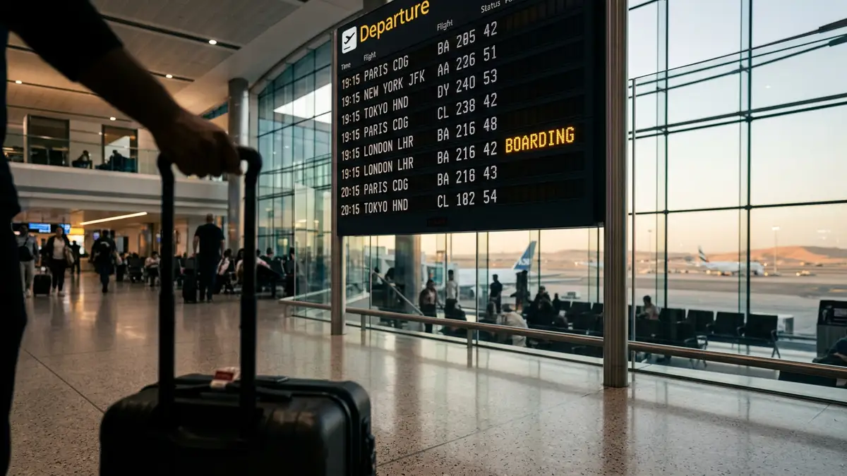 An airport departure board showing a London flight status next to a traveler's suitcase.