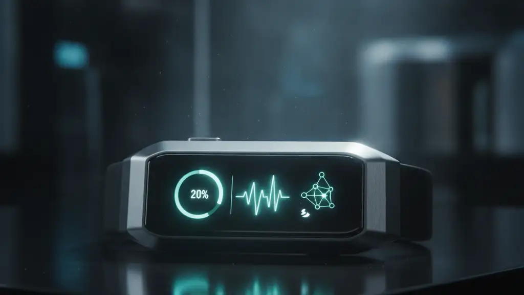 Close-up of a sleek fitness tracker displaying abstract health metrics on a dark surface.