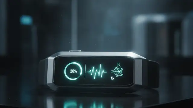Close-up of a sleek fitness tracker displaying abstract health metrics on a dark surface.