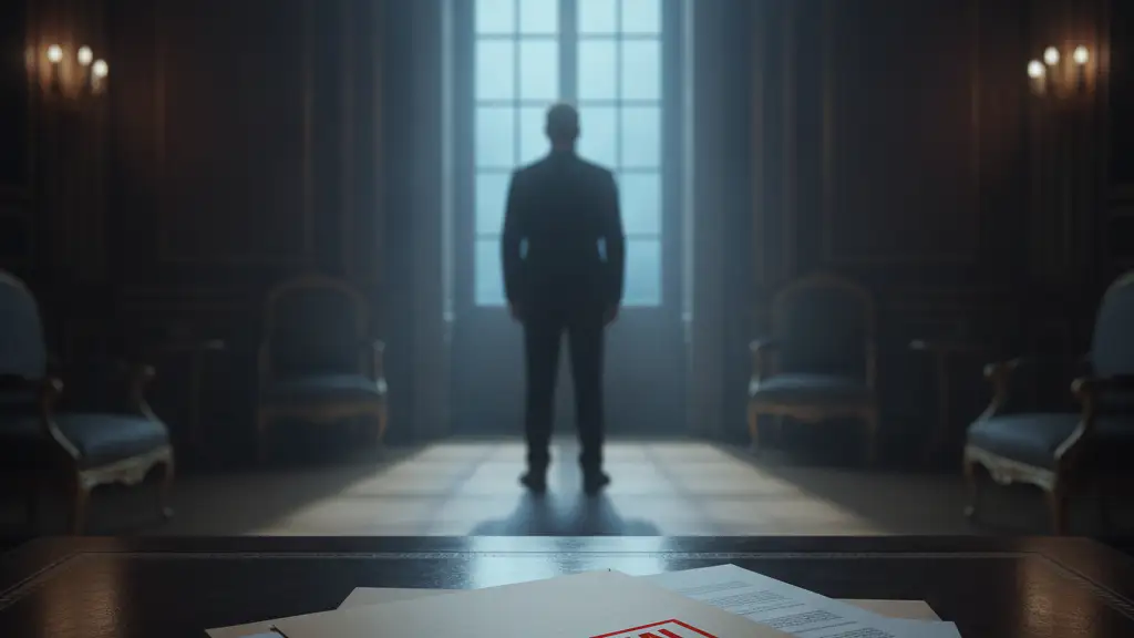 Silhouette of a man in a formal room, facing a window, with a 'CONFIDENTIAL' file on a desk.