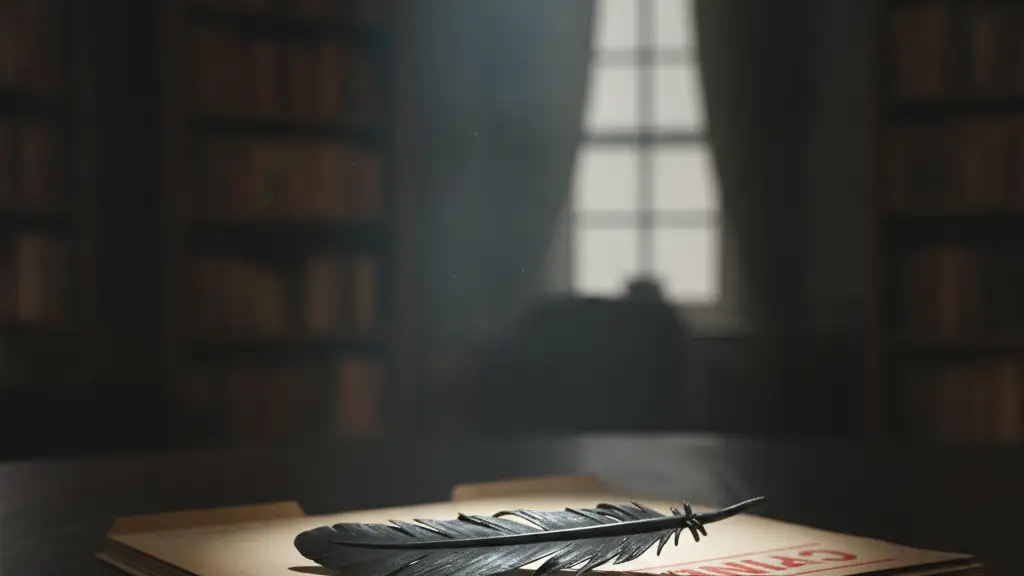 A confidential file with a crow feather on a dark desk.