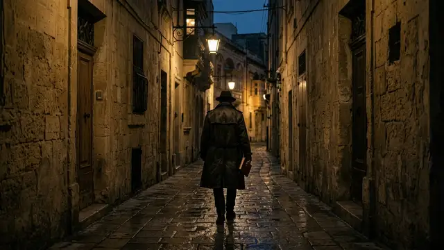 Shadowy figure in trench coat walking down a wet, narrow alleyway at dusk.