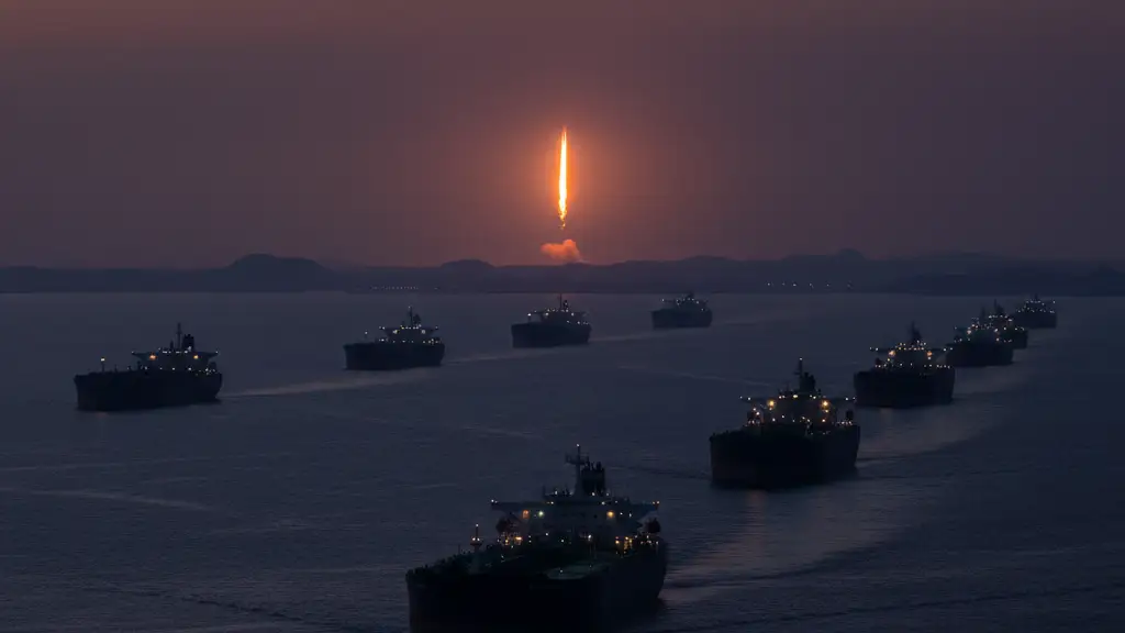 A missile vapor trail glows over the horizon of a busy shipping strait at dusk.