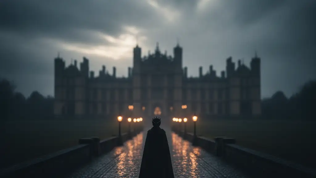 A silhouetted figure walks towards a grand, blurred British manor house at dusk.