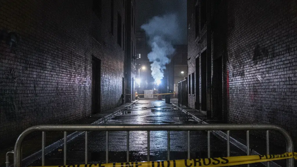 Emergency lights reflecting on wet pavement with police tape and distant smoke.