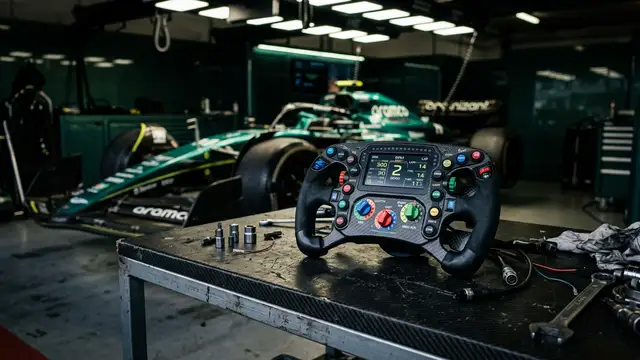 A detached Formula 1 steering wheel sits on a workbench in a dimly lit garage.