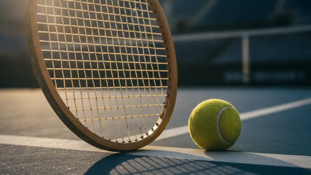 Tennis racket and ball on a court, empty stadium in background.