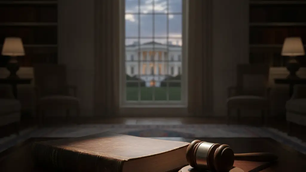 A legal brief or gavel on a desk, with the White House blurred in the background.