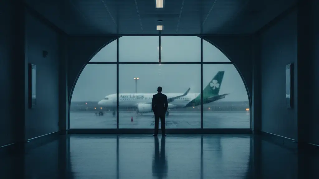 Silhouetted pilot stands in an empty airport terminal, looking at an Aer Lingus plane.